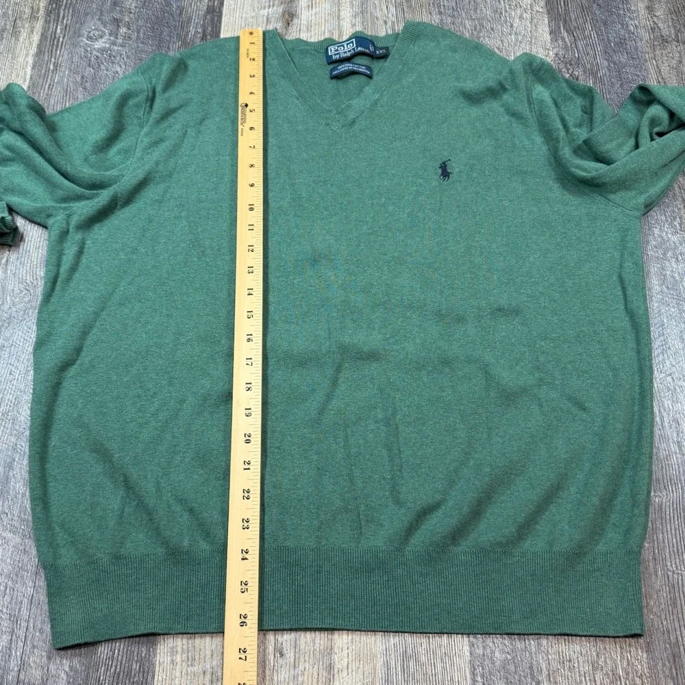 Polo Ralph Lauren Mens Green Pima Cotton V-Neck Sweater XXL Fits XL Pony Logo